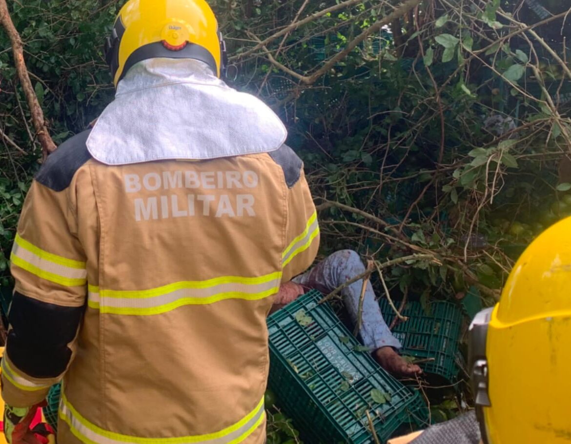 CAMINHÃO CARREGADO COM LARANJA CAI EM RIBANCEIRA E DEIXA MOTORISTA FERIDO  ENTRE SIMÃO DIAS E PINHÃO
